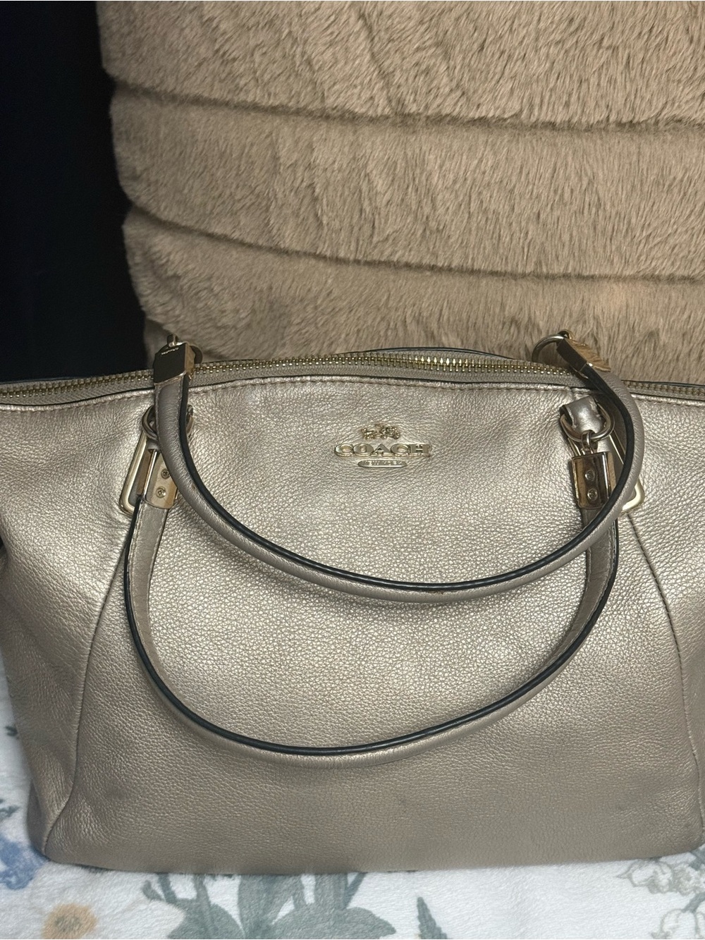 COACH Metallic Champagne Gold Pebbled Leather Prairie Satchel Crossbody Bag